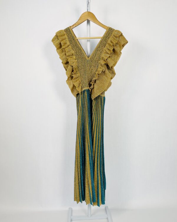 Vestido tricot azul e dourado com babados e saia plissada GIG COUTURE - P *nunca usado*