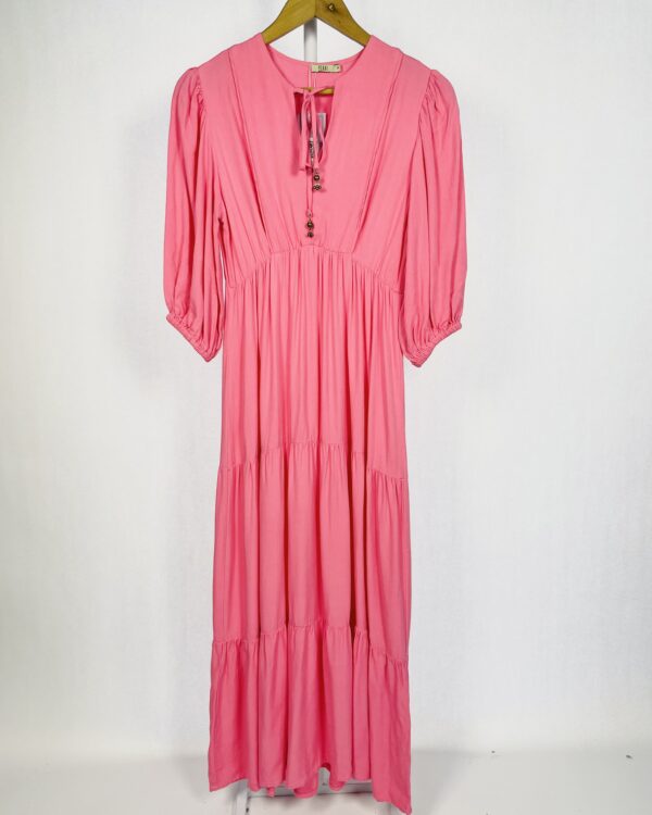 Vestido rosa recorte manga bufante 3/4 com babado na sai PEAHI - P