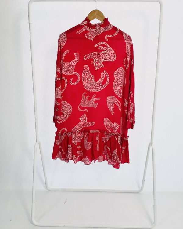 Vestido seda curto vermelho estampa tigre com mangas e detalhes na gola EVA - 34 - VENDIDO SISTEMA OTO