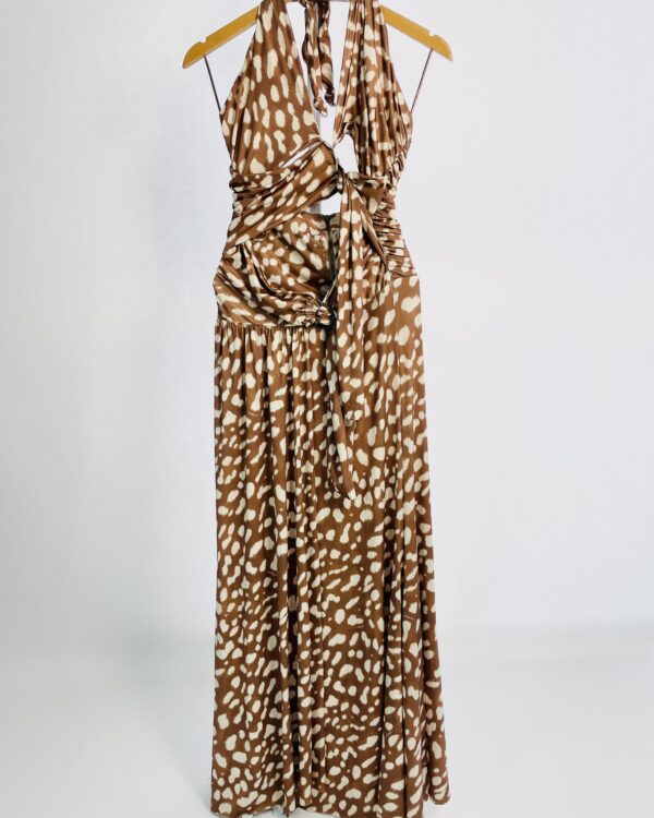Vestido longo jersey marrom e bege estampado com recortes e amarração na frente CAOS - 42