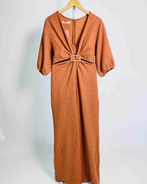 Macacão terracota atoalhado recorte na cintura e mangas bufantes com top  MISSINCLOF - M