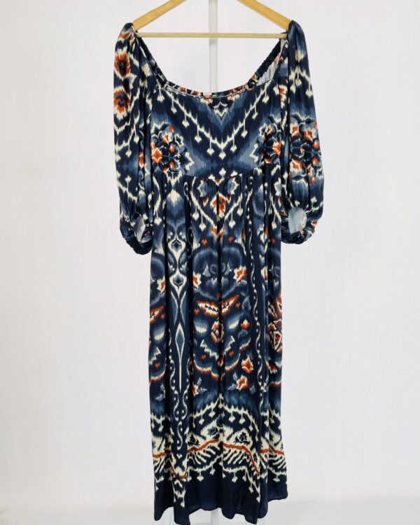 Vestido longo azul marinho estampado mangas bufantes FARM - M