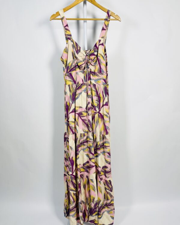 Vestido Longo detalhe amarração busto estampado rosa roxo e amarelo  LADO AVESSO -  40