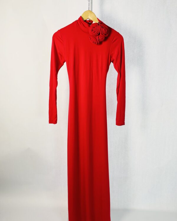 Vestido Vermelho Manga Longa gola alta com broche flores  C CLUB - 36 (Broche flores)