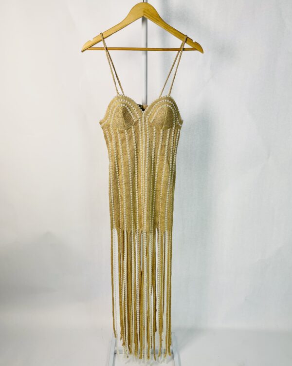 Vestido Curto Dourado fio lurex com perolas e franjas ANDREA ALMEIDA - P